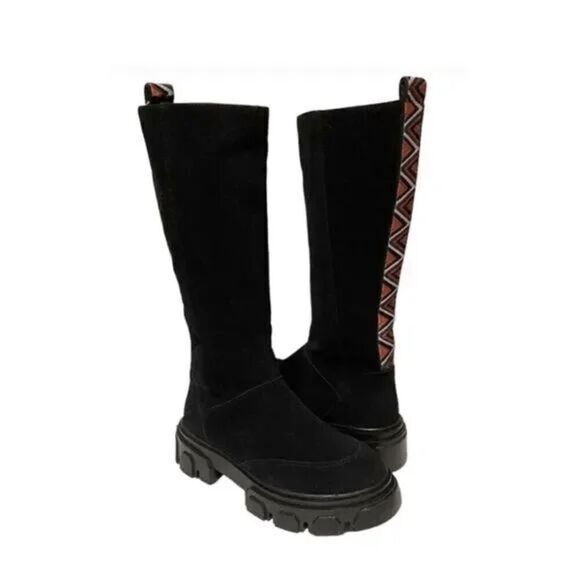 Farm Rio Women's Knee High Vegan Suede Round Toe Tall Lug Boots Black Size 8 NWT - Picture 1 of 12